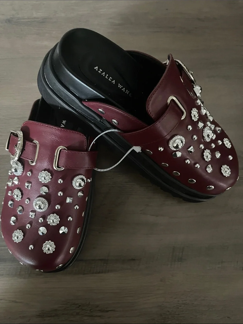 Embellished Burgundy Slip-On Clogs with Buckle Detail - Picture 3 of 3